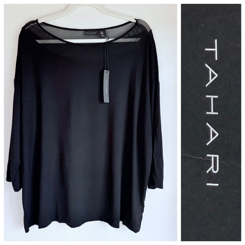 NWT Tahari Women's Mesh Boatneck Rayon Jersey 3/4 Sleeve Top in Black Size 1X